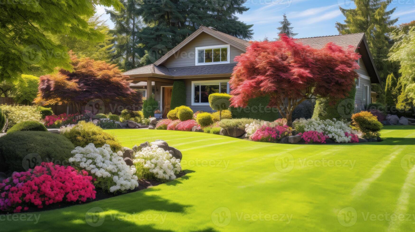 A well-maintained suburban lawn with a colorful garden and a house in the background photo