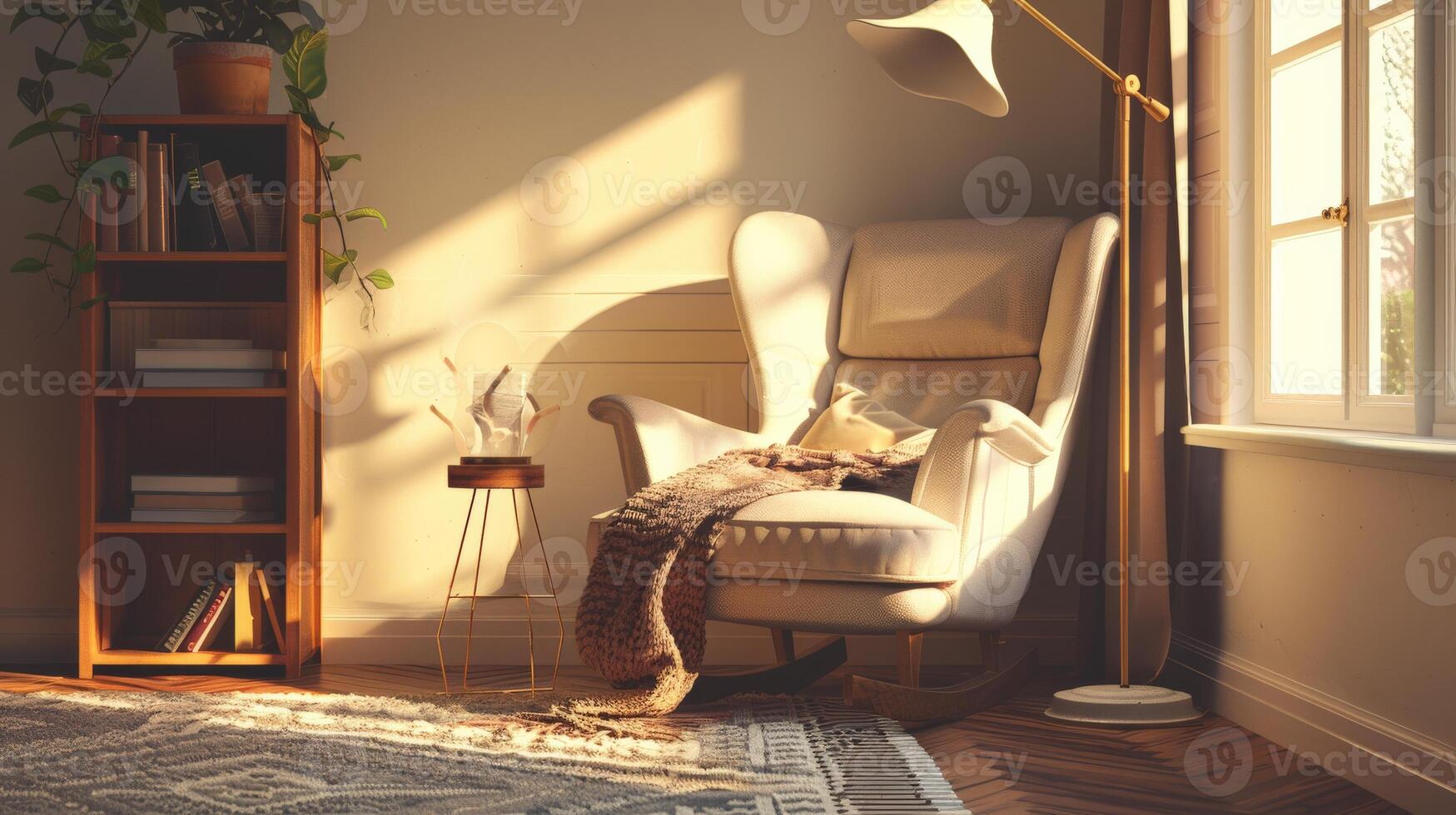 A white armchair bathed in warm sunlight, perfect for relaxing with a good book photo