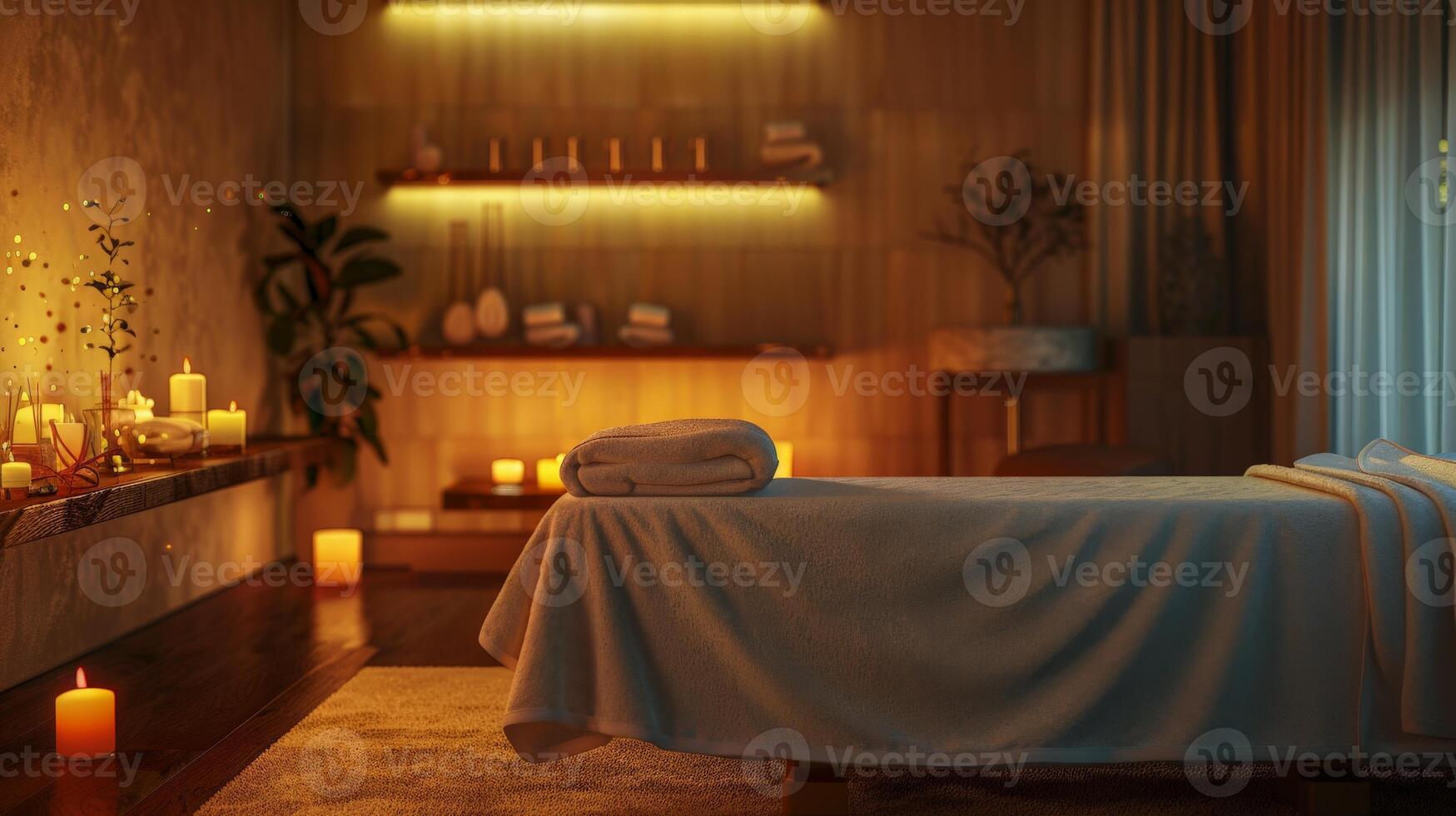 A spa room with a massage table, candles, and a warm, inviting atmosphere photo