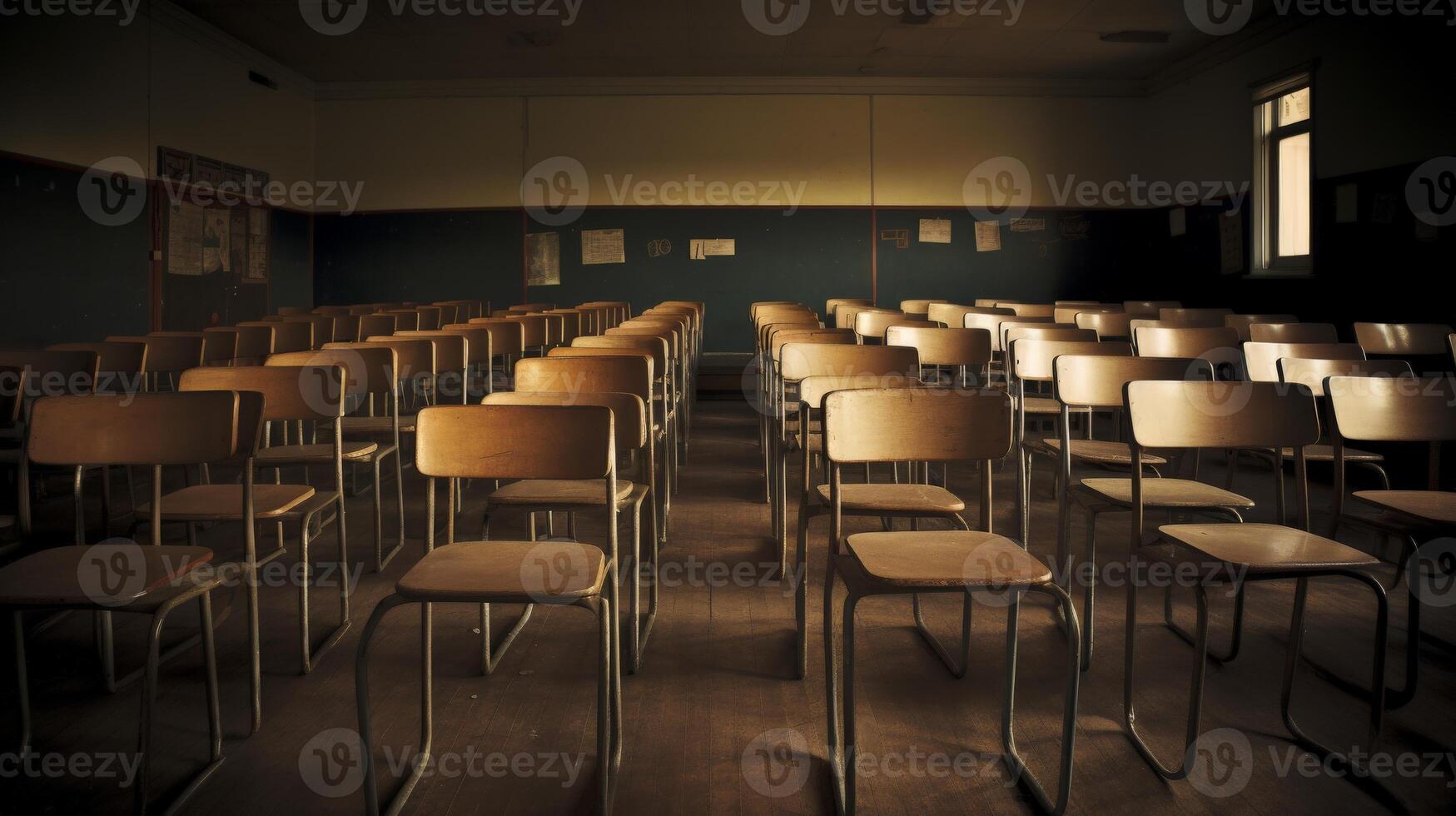 Empty chairs in a classroom, bathed in afternoon light photo