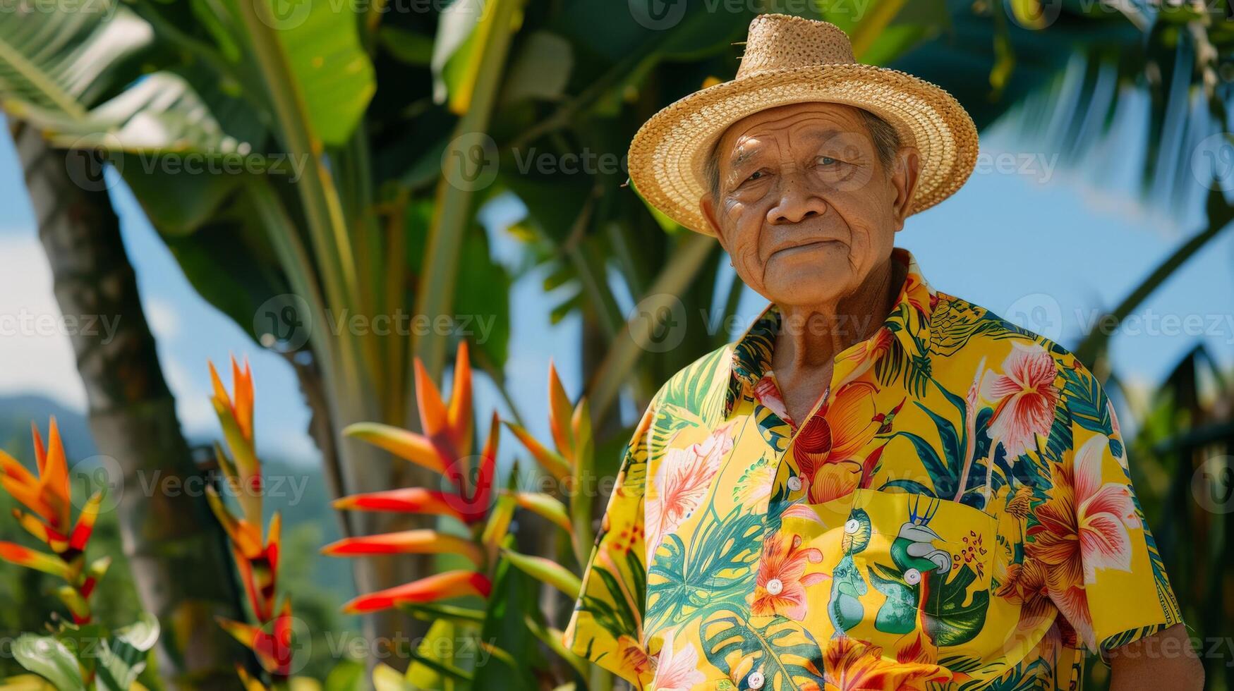 Elderly South Asian man in floral shirt and straw hat amid tropical foliage photo