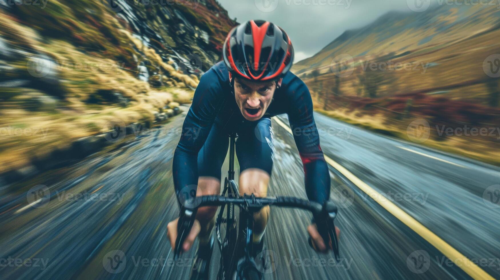A cyclist speeds down a road in Ireland, with wind blurring the background photo
