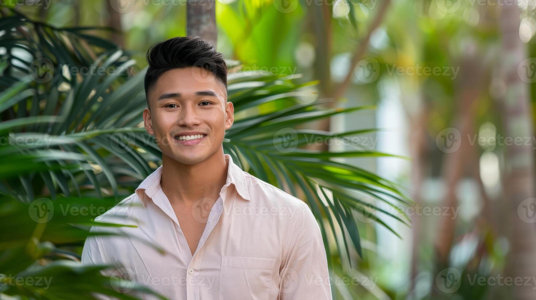 Portrait of a young Asian man outdoors, smiling in front of a backdrop of verdant foliage photo
