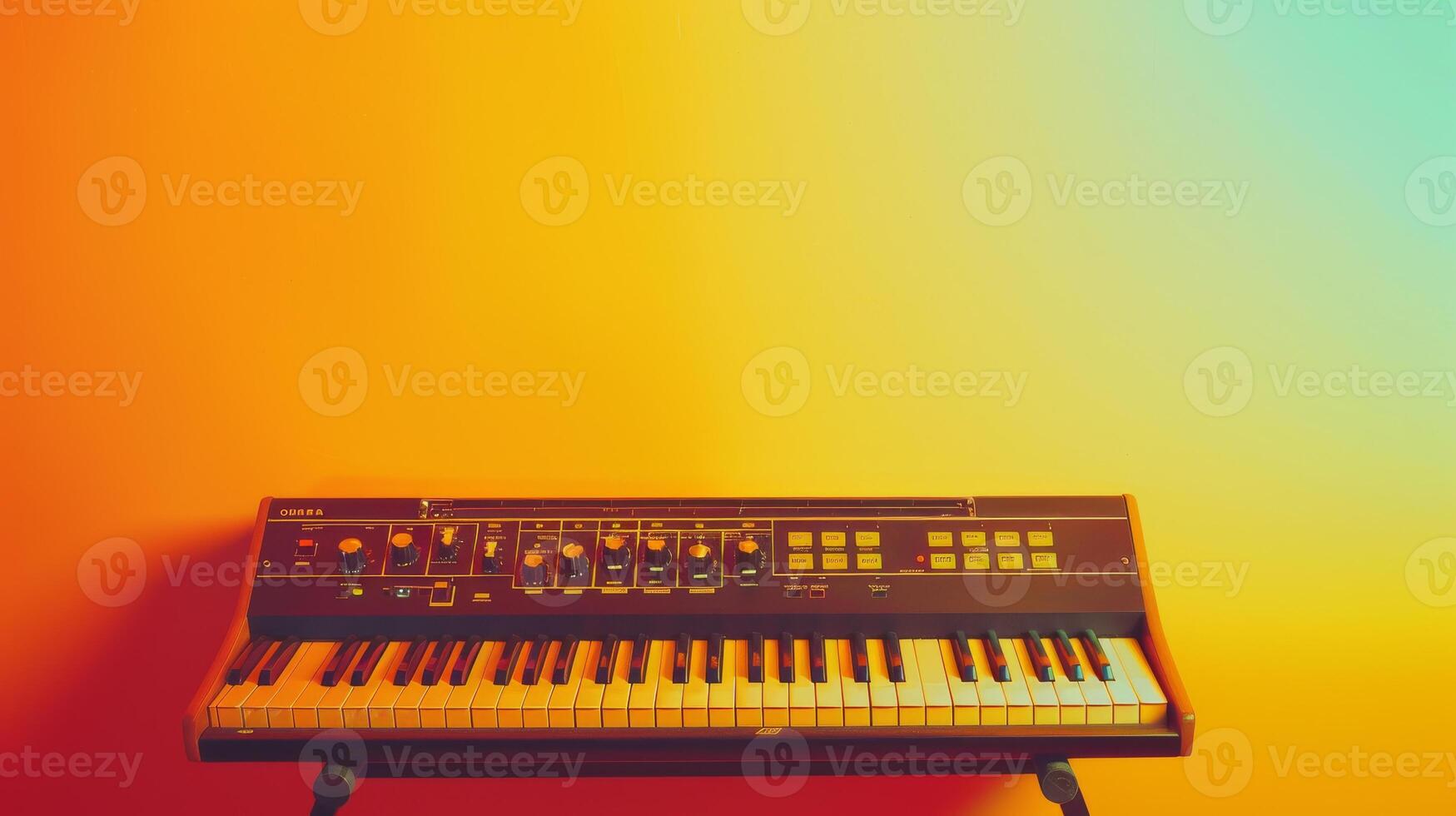 A vintage synthesizer keyboard sits against a bright orange and green wall photo