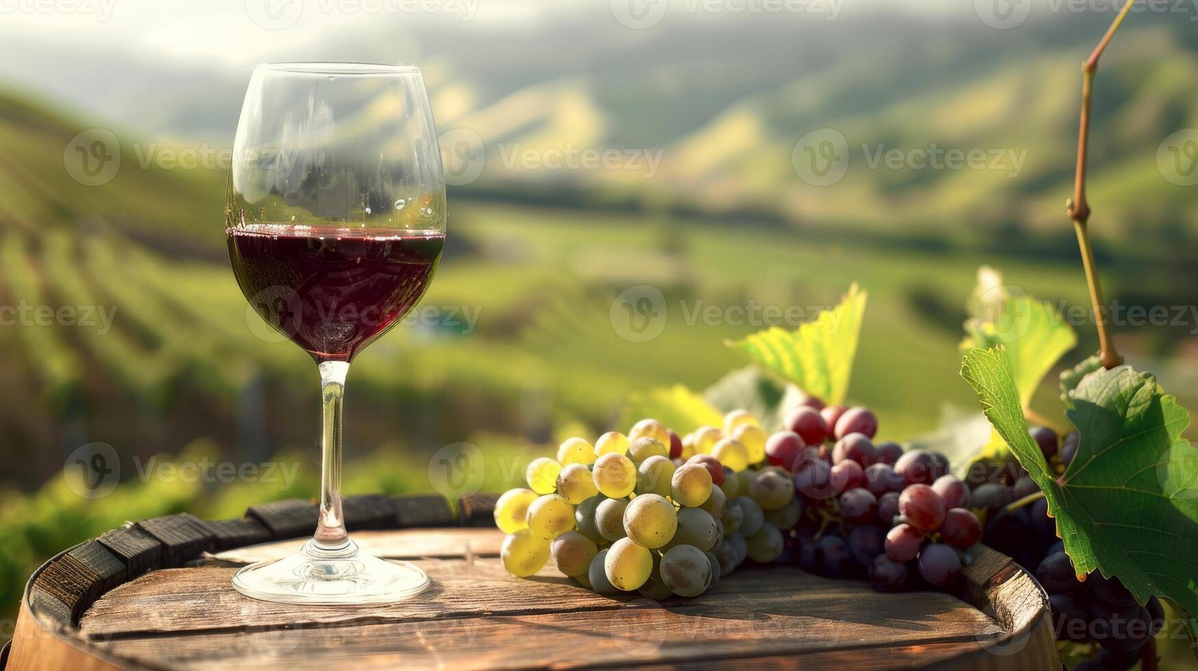 Red wine glass and grapes on a wooden barrel in a vineyard photo