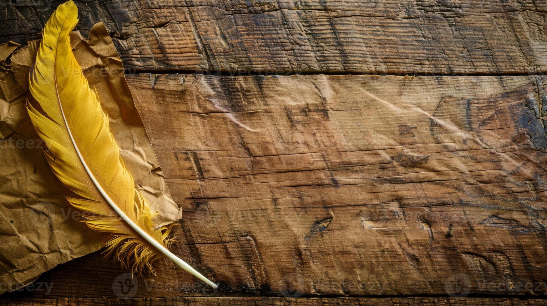 A single golden quill rests on aged wood with crumpled paper beside it photo