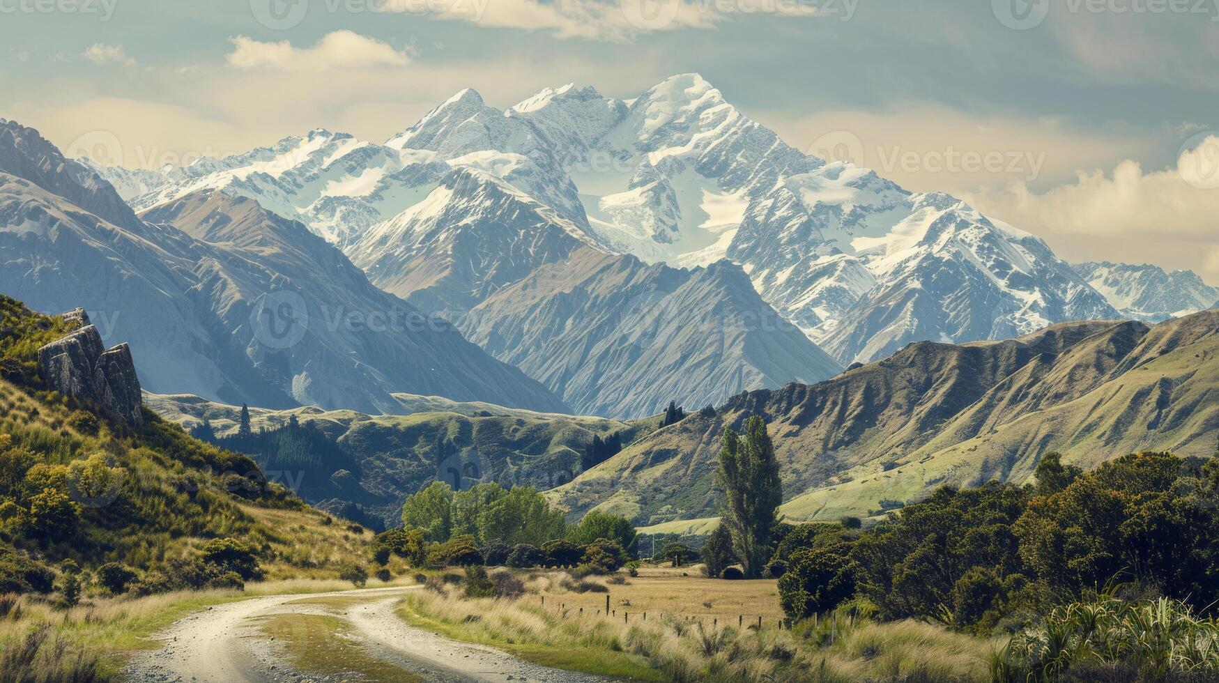 A scenic view of a winding path in the foothills of the Southern Alps, New Zealand photo