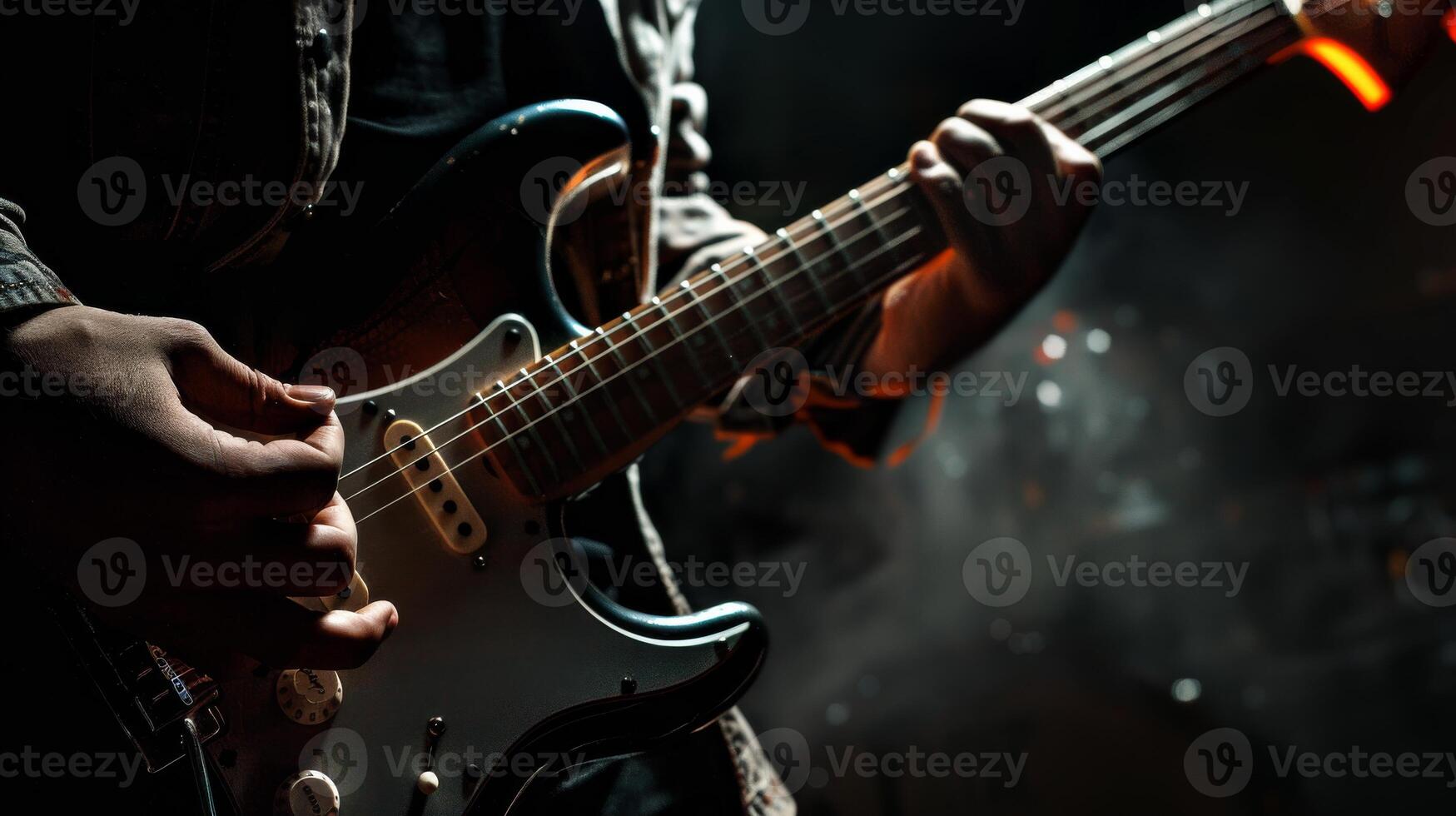 A musician plays a guitar on stage in front of a crowd photo