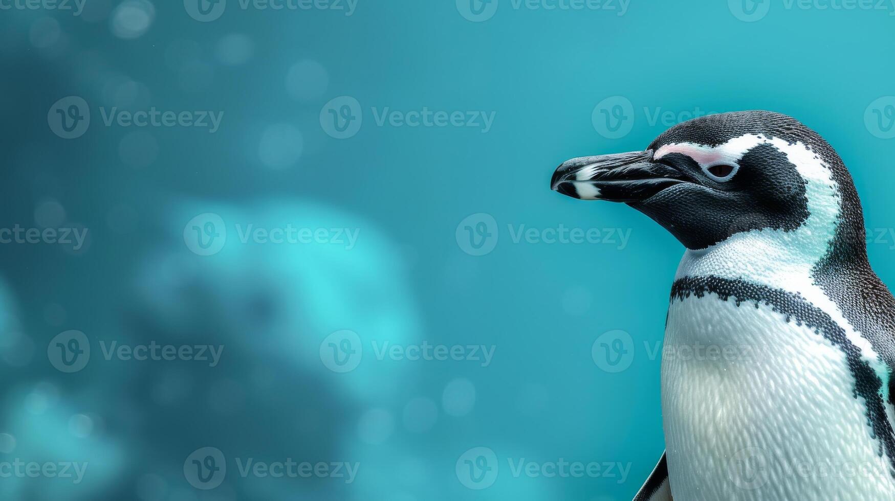 A close-up shot of a penguins head against a vibrant teal background photo