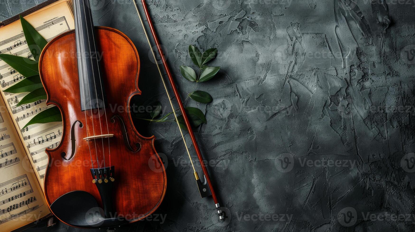A violin rests on a sheet of music, accompanied by greenery photo