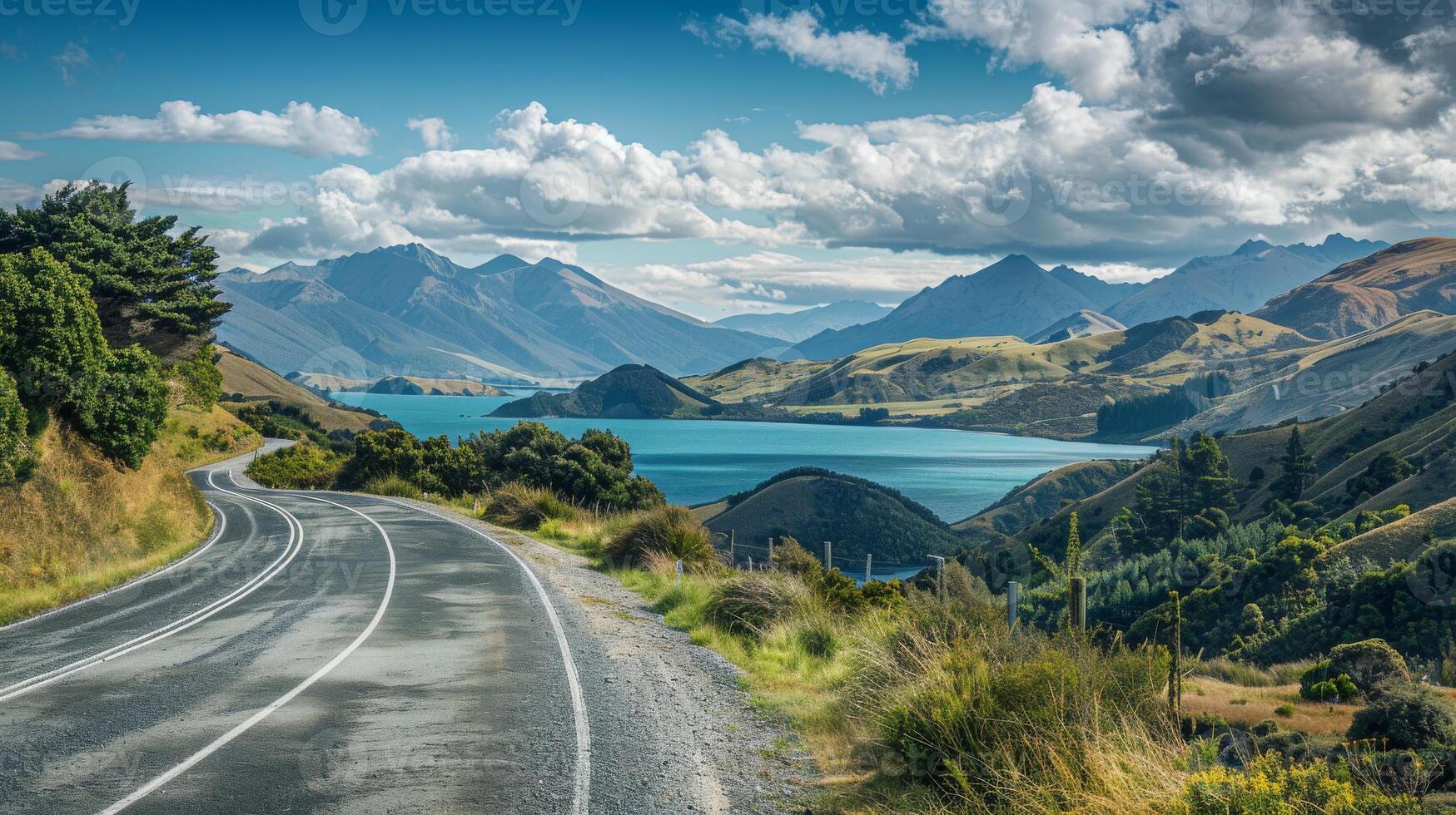 Scenic road winding through green hills and a turquoise lake photo
