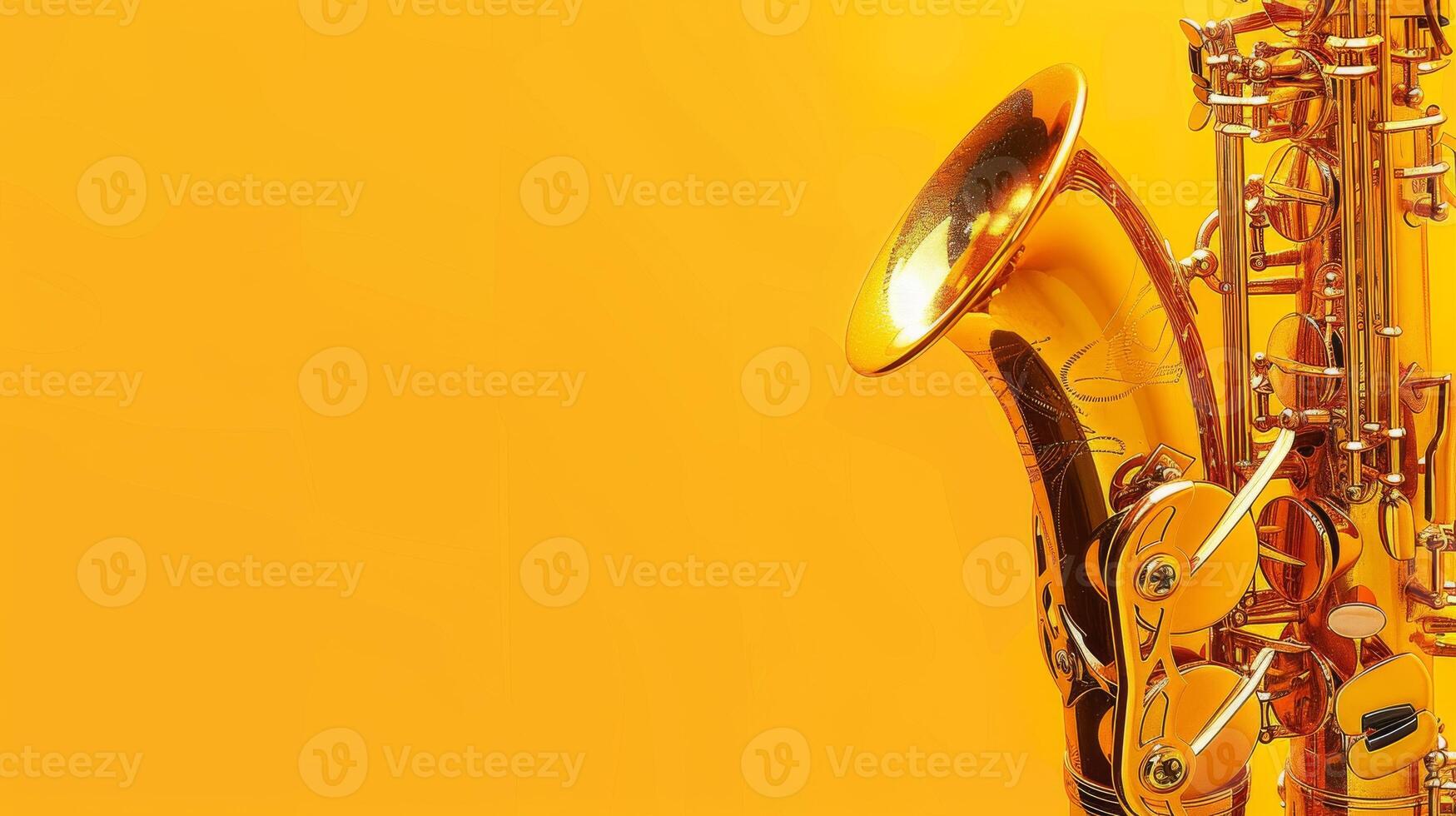 A close-up of a gleaming saxophones bell against a bright yellow backdrop photo