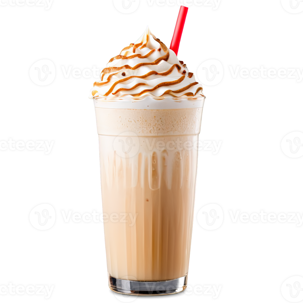 A tall glass of a creamy, frothy drink with a red straw in it. The drink is topped with whipped cream and caramel sauce. png