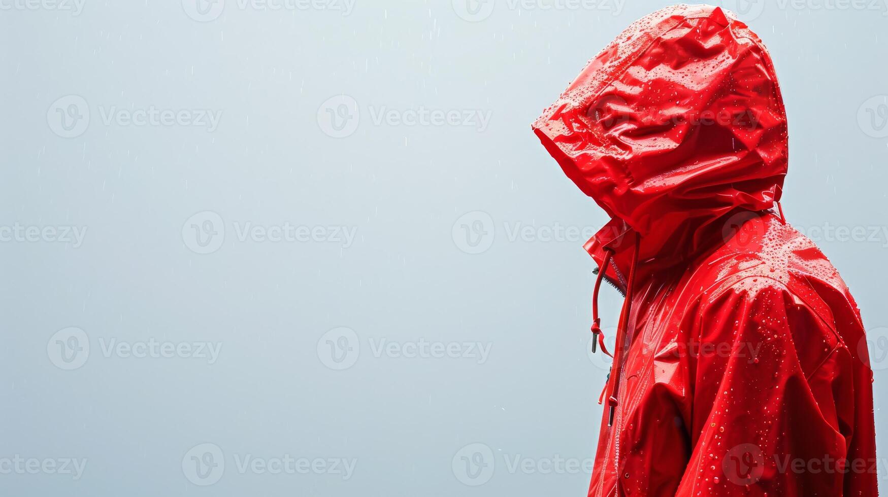 A person stands alone in the rain, wearing a bright red raincoat photo
