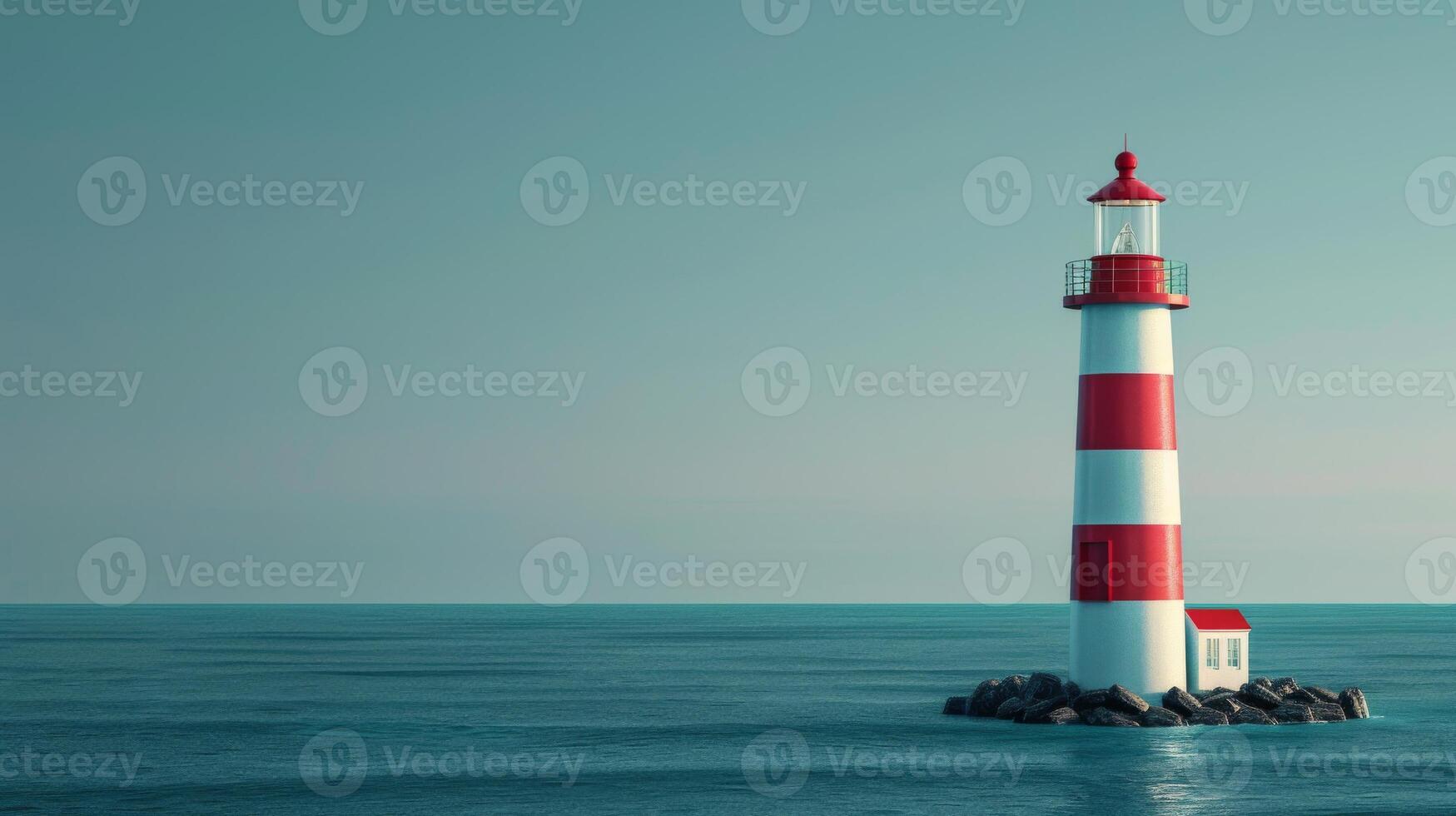 A lighthouse stands alone on a rocky outcrop in the middle of a calm sea photo