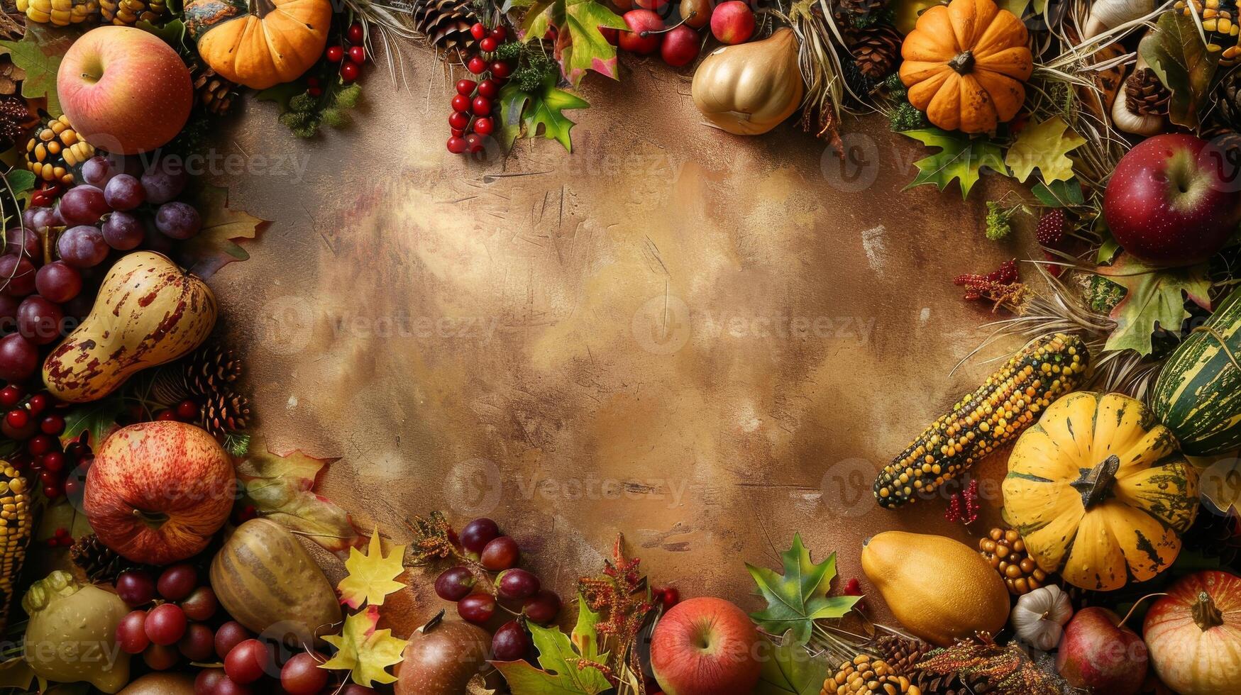 Fall harvest bounty arranged around a textured brown background photo