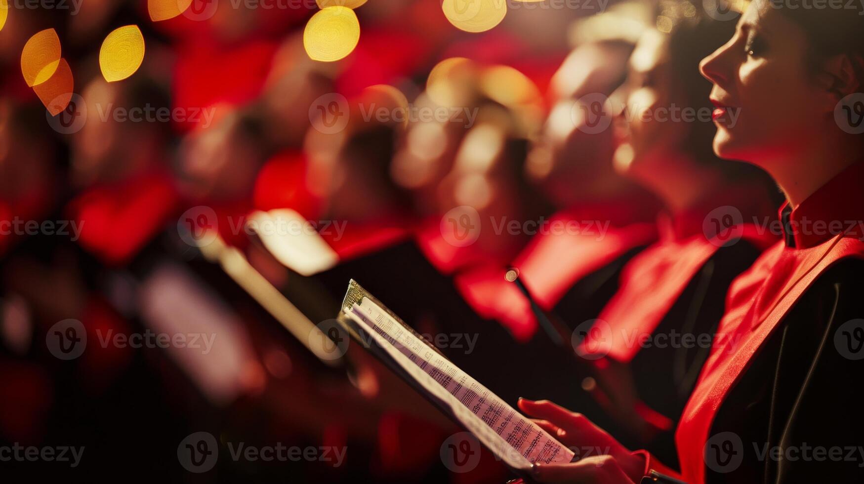A choir sings under warm stage lights, focused on the music photo