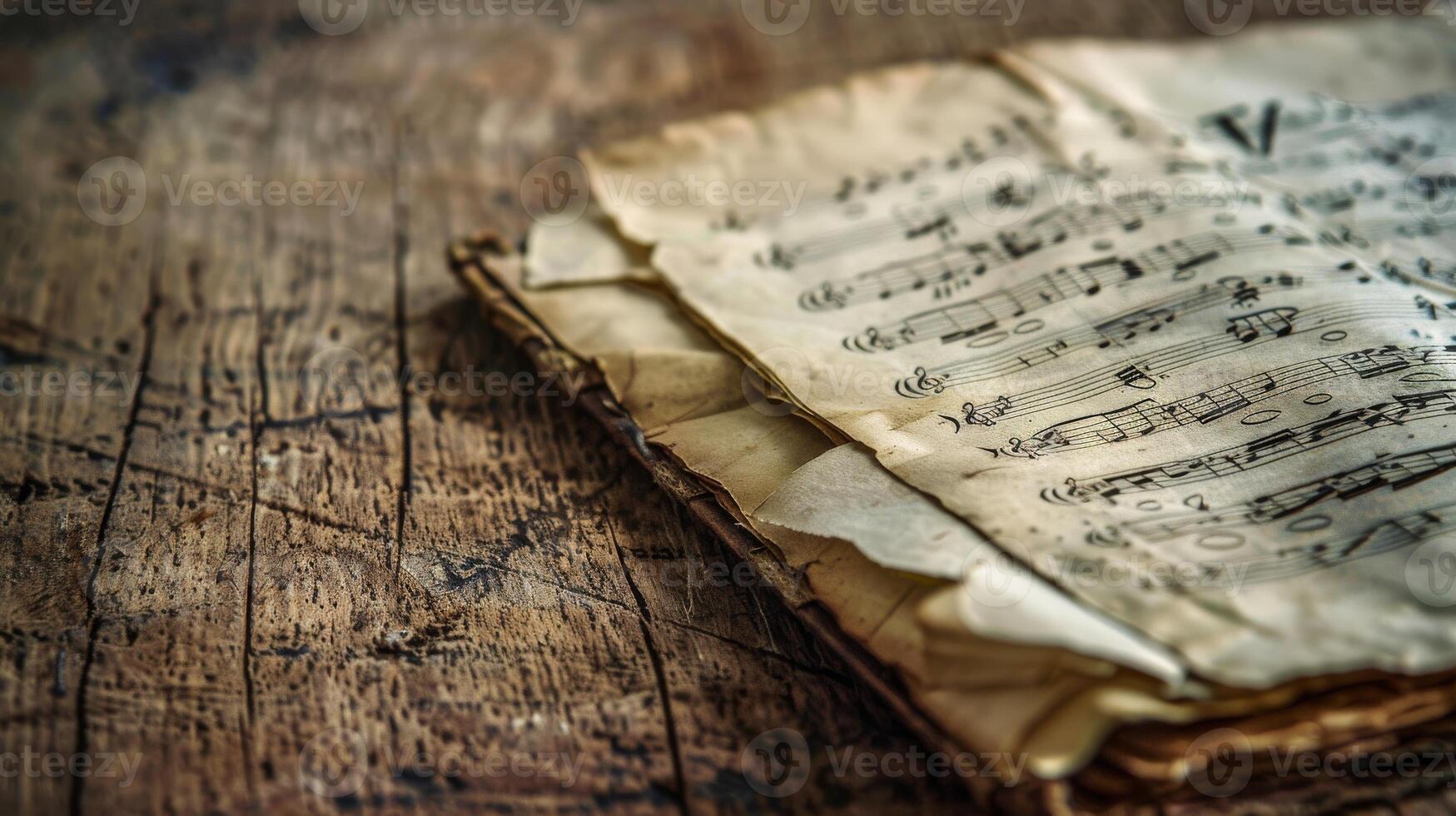 An aged music book lies open on a worn wooden surface photo