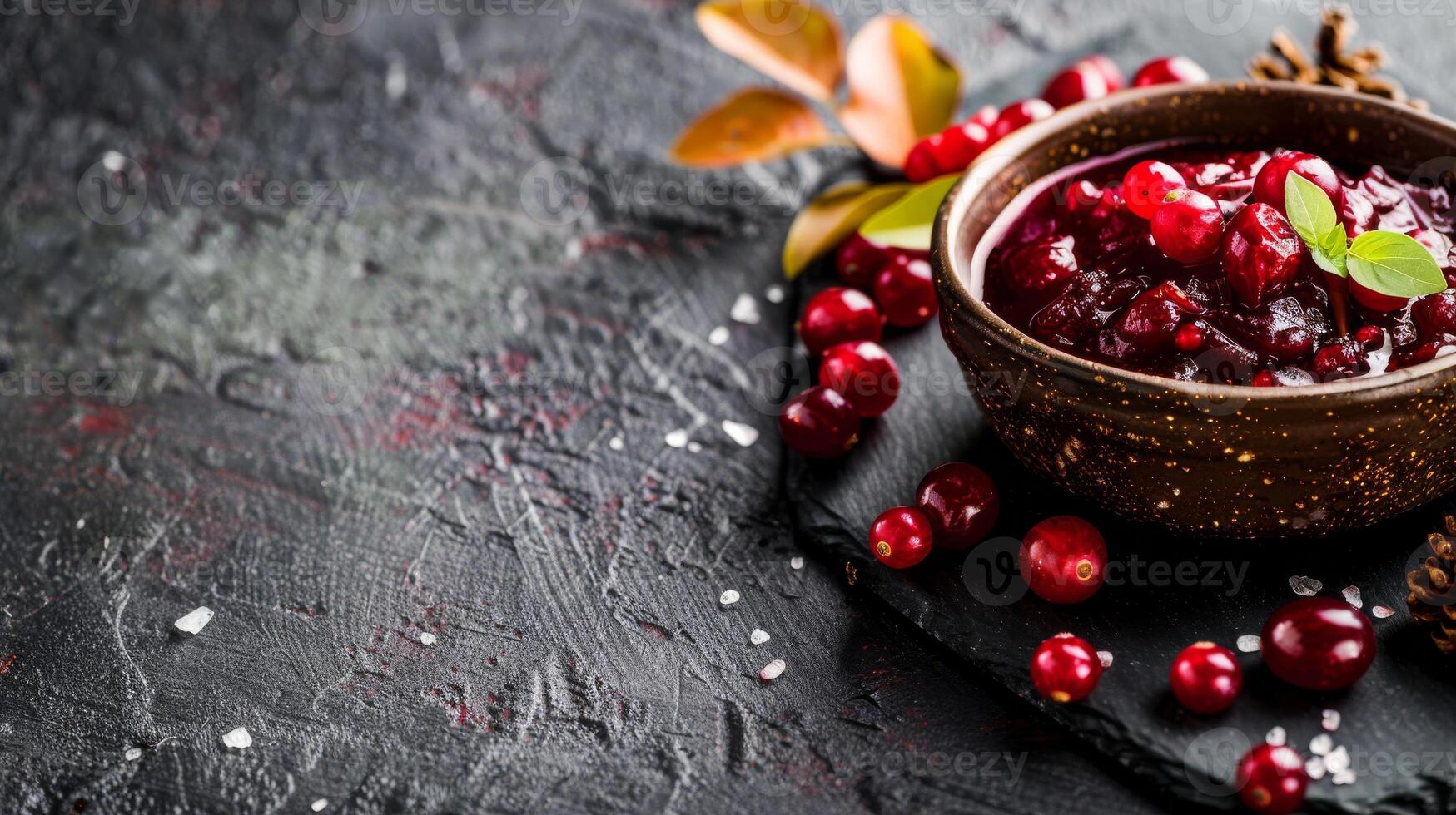 Cranberry sauce in a bowl with fresh berries and fall leaves photo