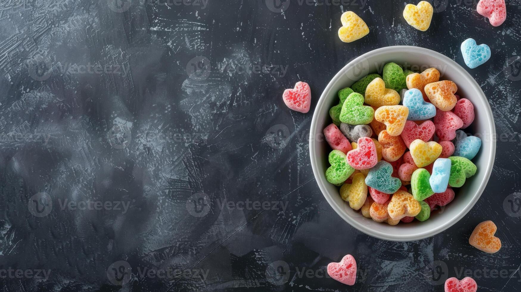 un cuenco de vistoso en forma de corazon cereal en un negro superficie foto