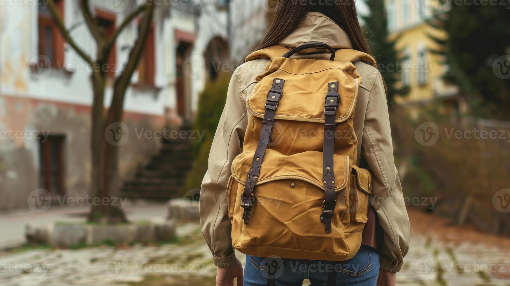 Backpacker wanders cobblestone streets in old European city photo