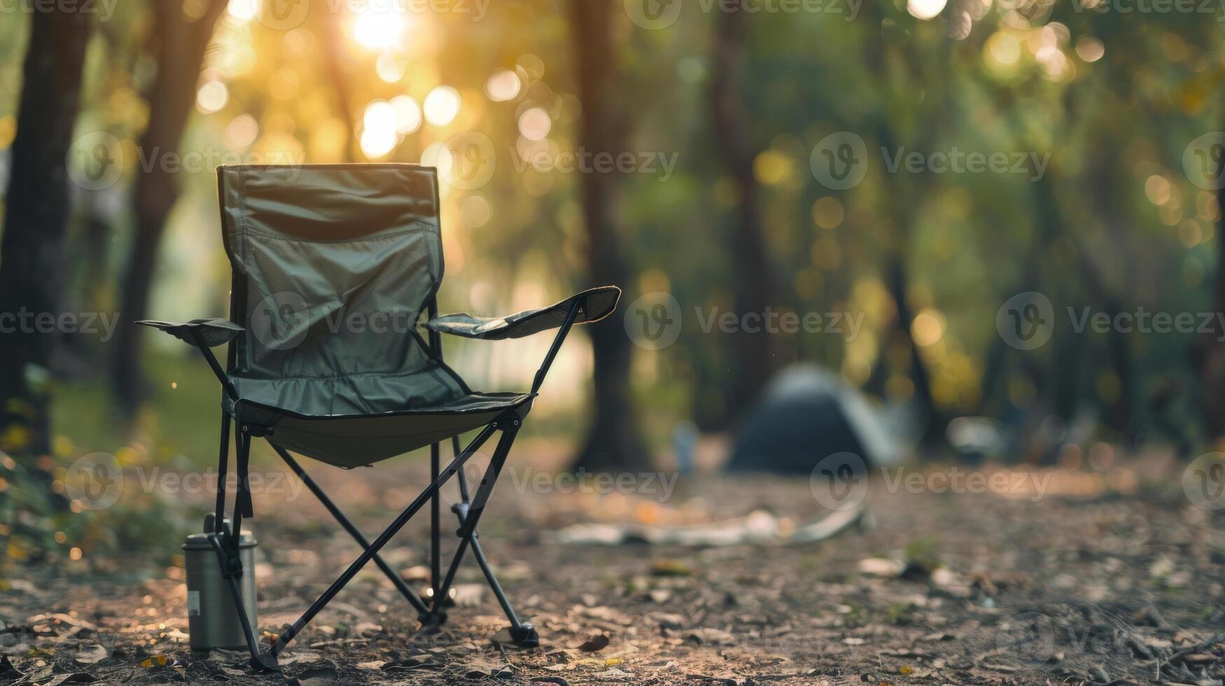 A lone camping chair sits in a forest clearing at sunset photo
