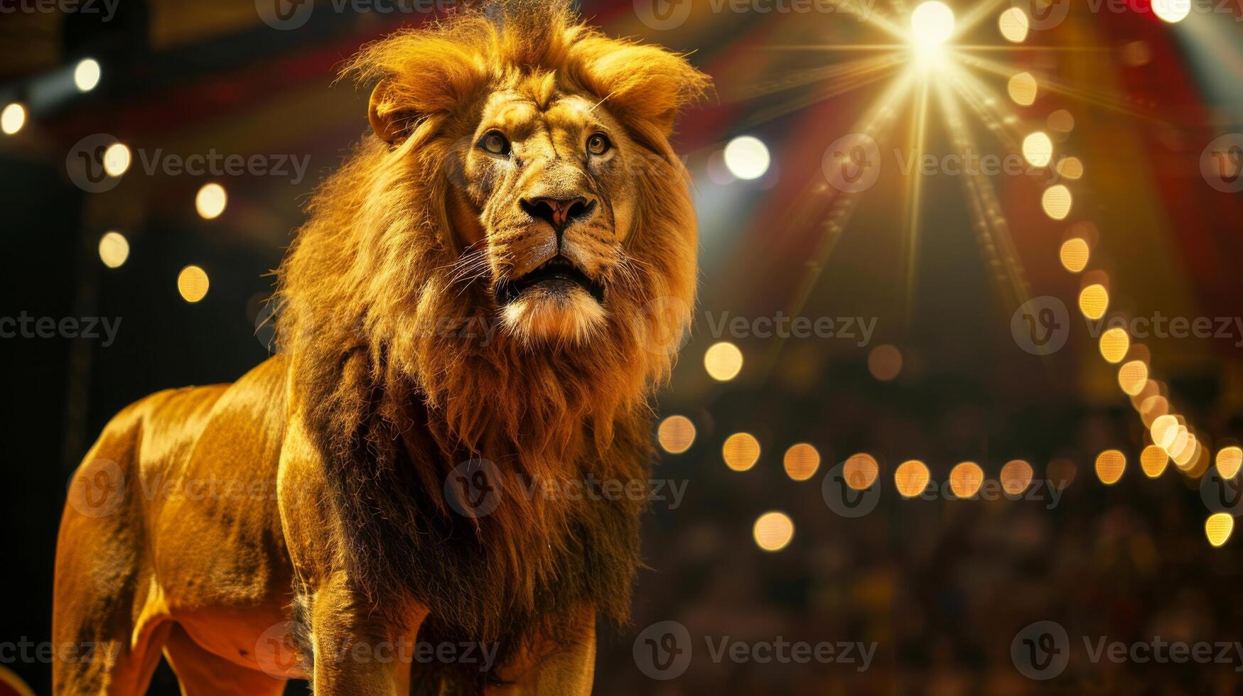 A regal lion stands under a spotlight in a circus tent photo