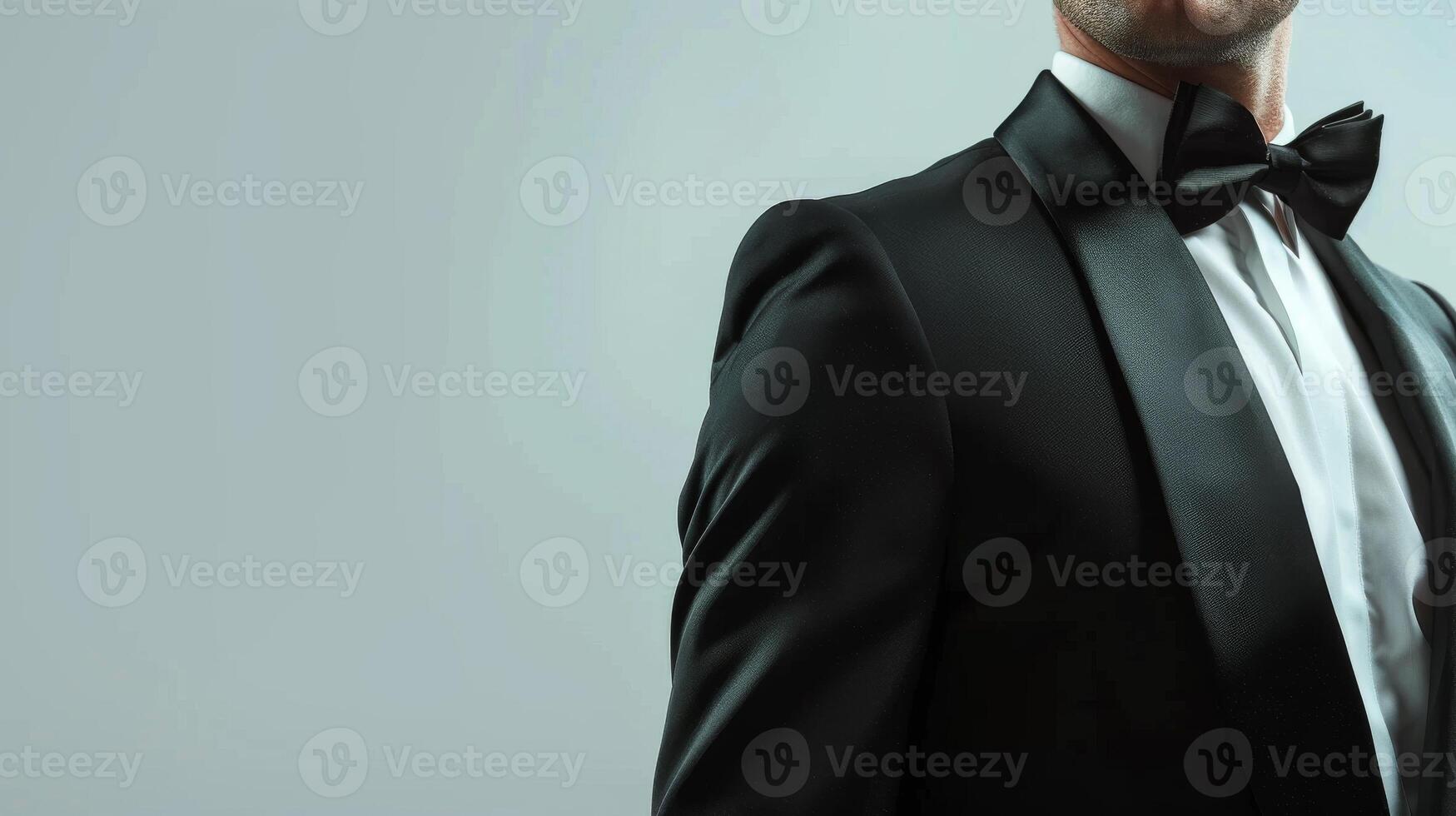 A man in a black tuxedo with a bow tie, captured in a close-up shot photo