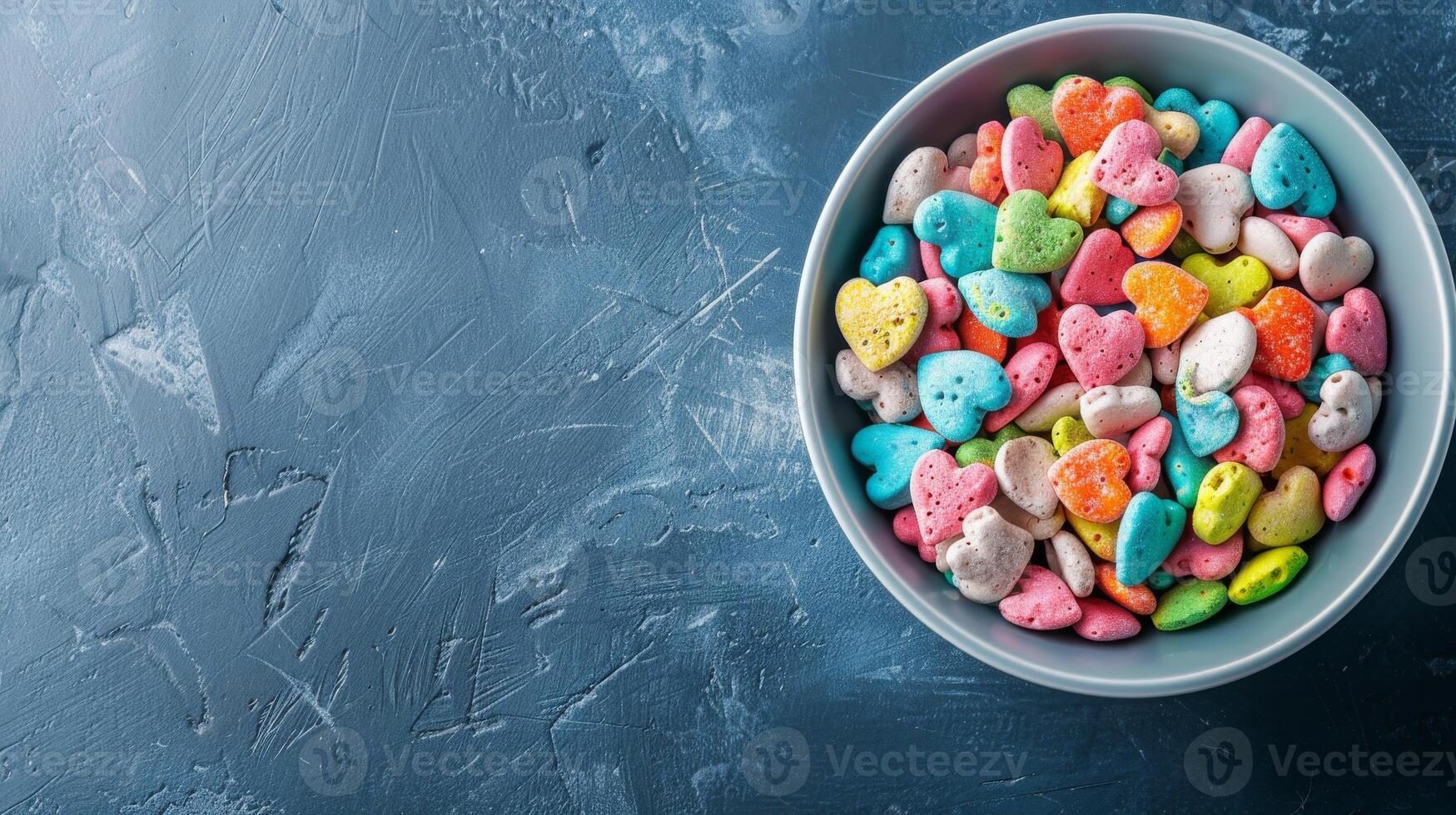 un cuenco de vistoso en forma de corazon cereal en un azul texturizado superficie foto