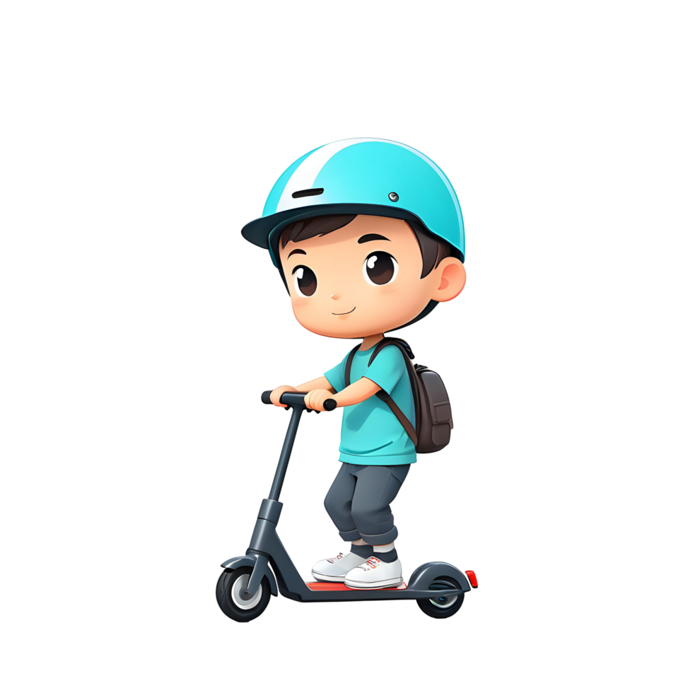 Little preteen boy riding a scooter in a protective helmet cartoon on transparent background. png