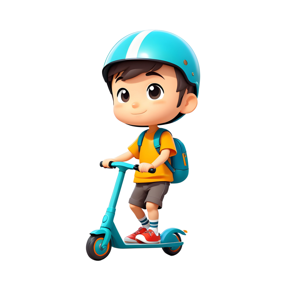 Little preteen boy riding a scooter in a protective helmet cartoon on transparent background. png