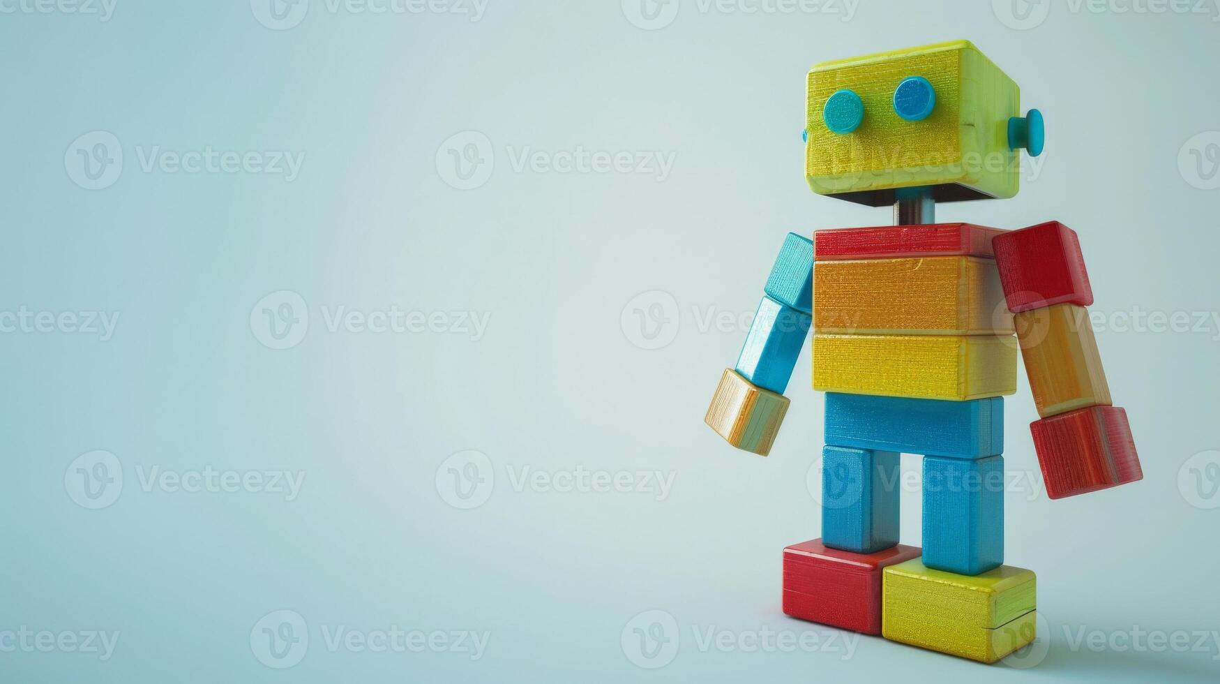 Colorful wooden robot toy with a bright blue background photo