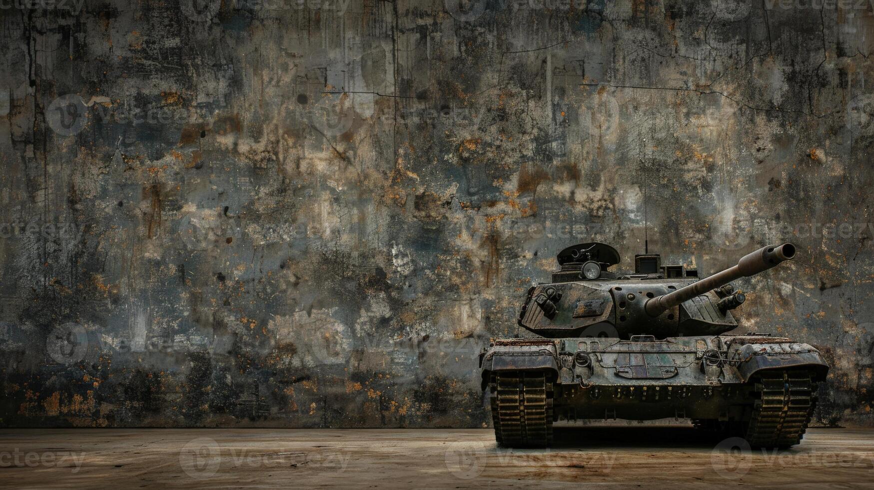 A military tank sits in front of a concrete wall photo