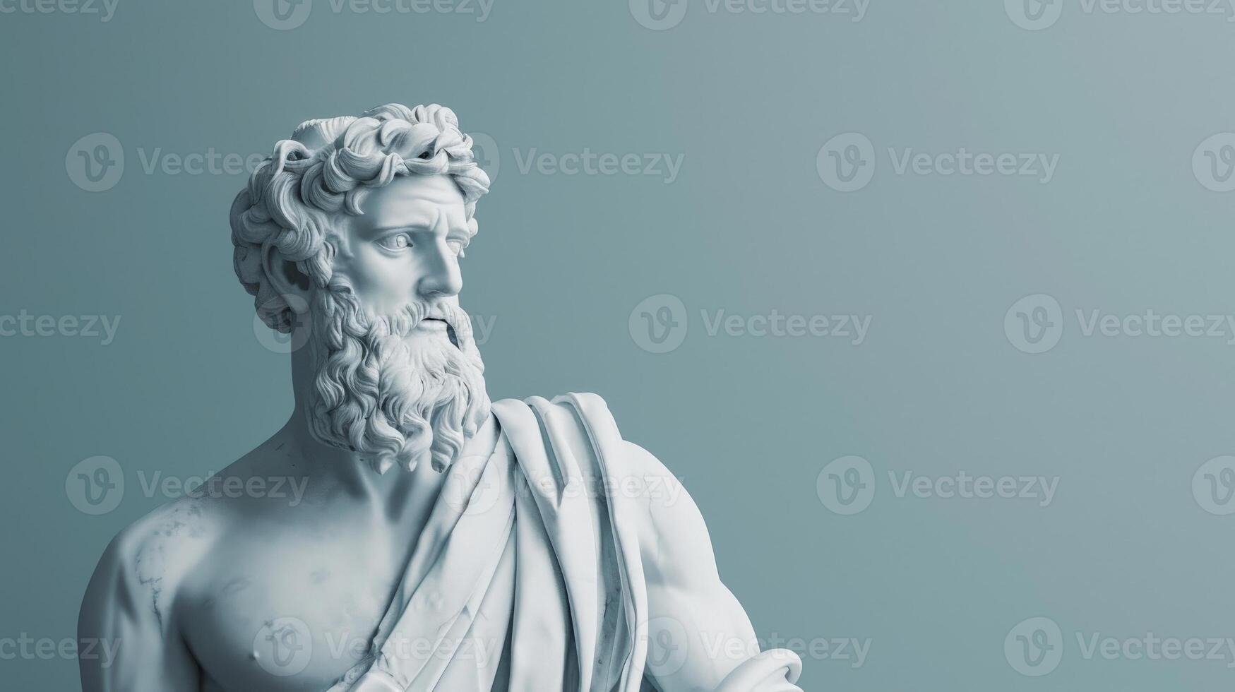 A white marble statue of a Greek god, captured against a soft blue backdrop photo