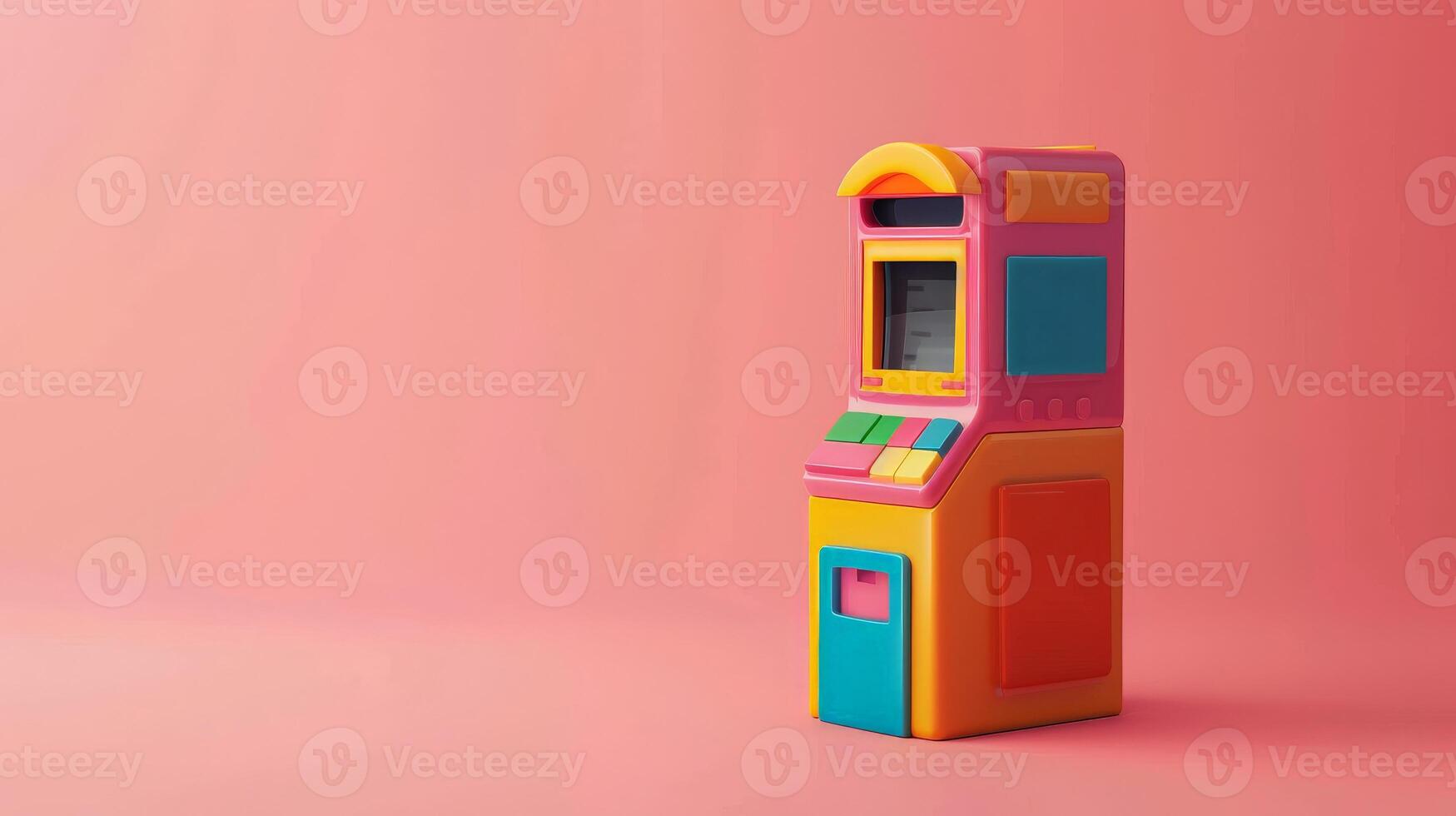 Colorful toy ATM machine isolated on a pink background photo
