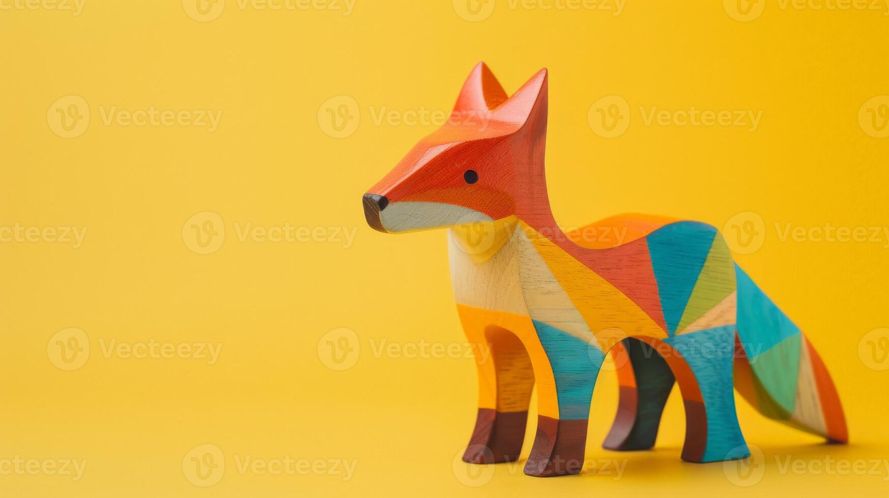 A colorful wooden fox toy stands on a yellow background photo