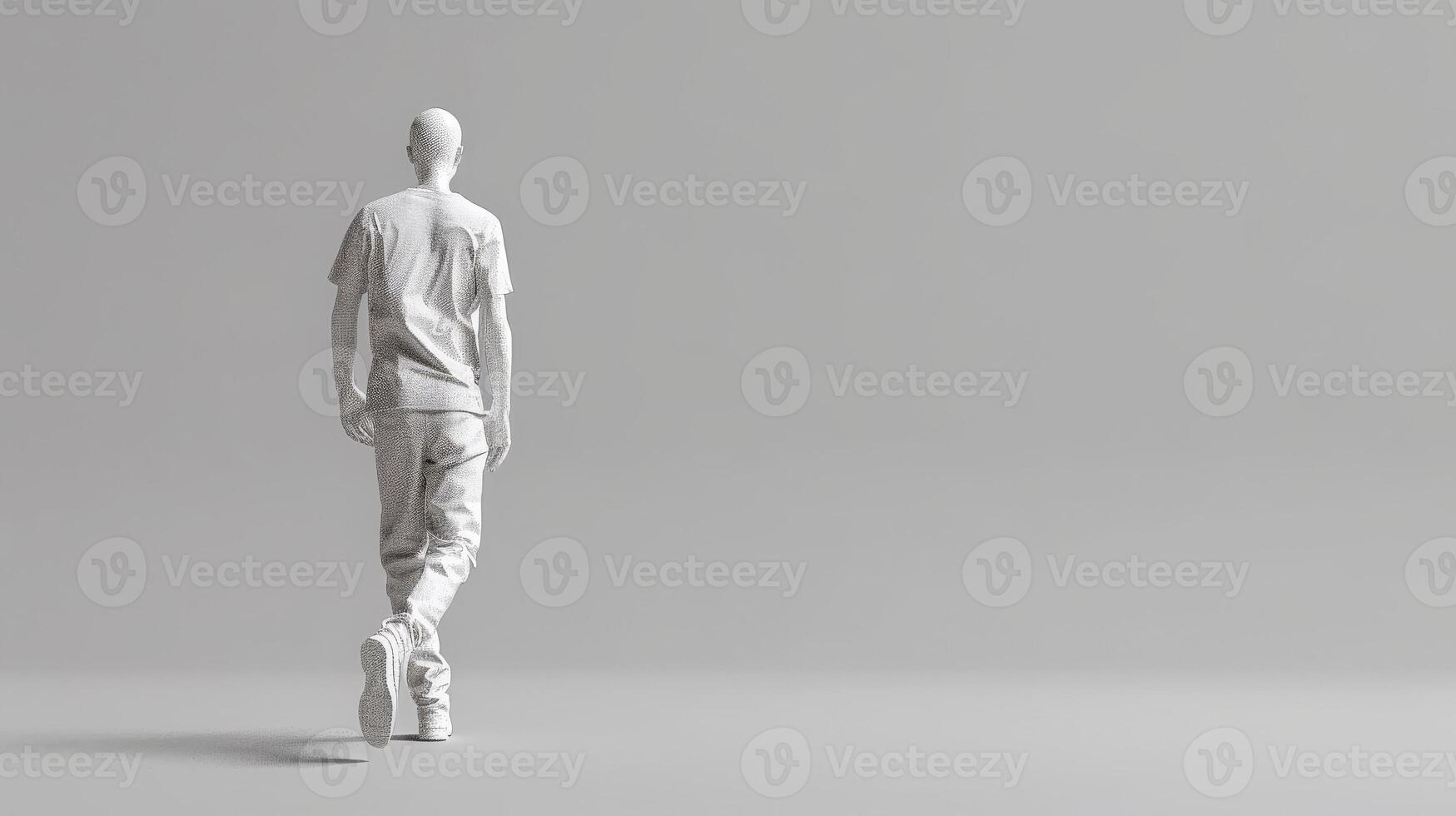 White figure walking away from camera in a white studio photo