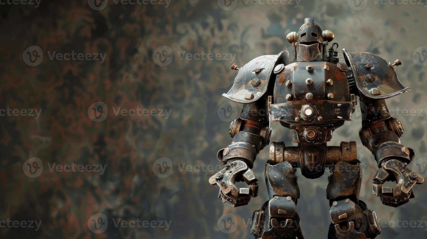 A metallic, steampunk-style robot stands alone against a blurred, camouflaged background photo