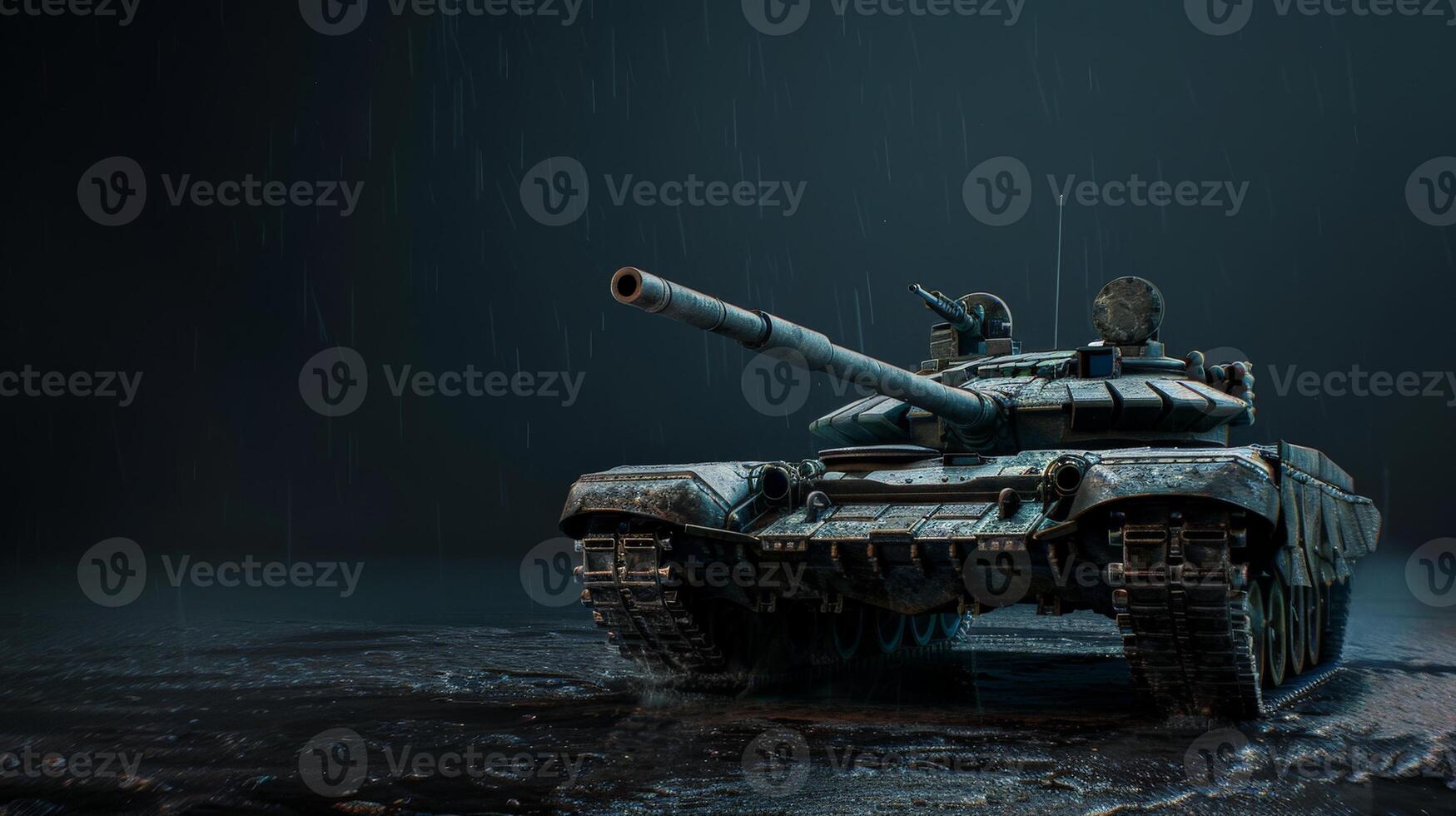 A tank stands poised in the rain, its silhouette stark against the dark sky photo