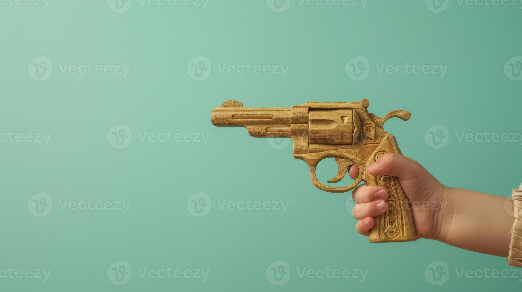 A close-up shot of a childs hand holding a wooden toy gun photo
