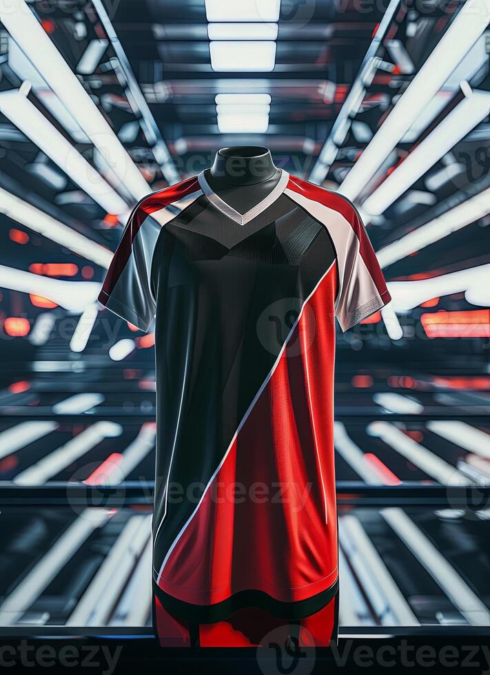 A red and black sports jersey on a mannequin in a futuristic setting photo