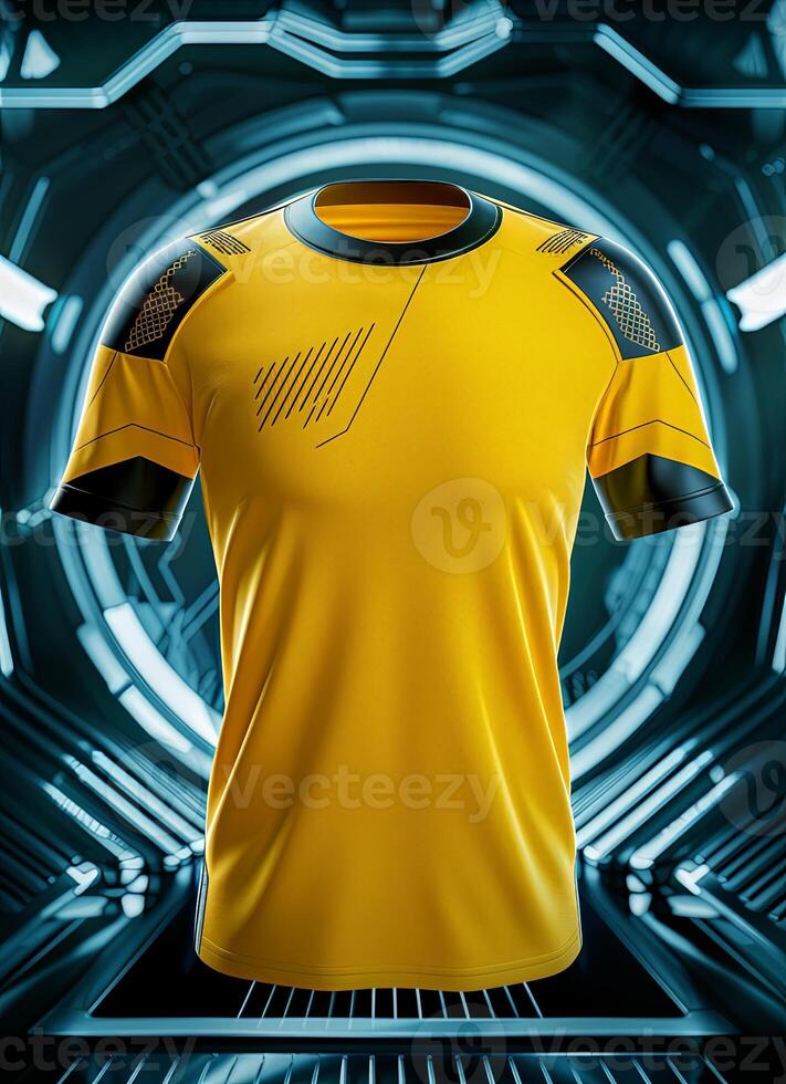 Yellow jersey with black accents in a futuristic backdrop photo