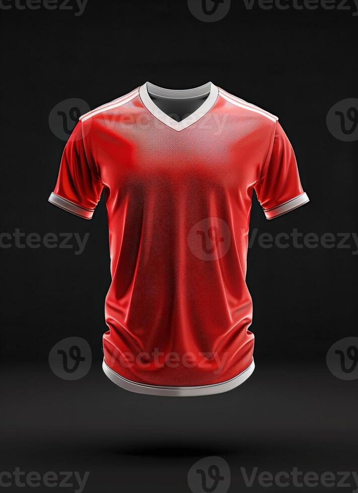 Red t-shirt mockup with a v-neck and white trim, perfect for designing photo