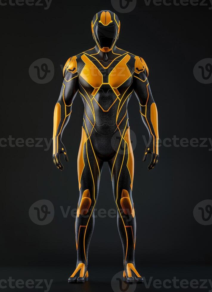 A futuristic character design mockup with black and gold accents photo