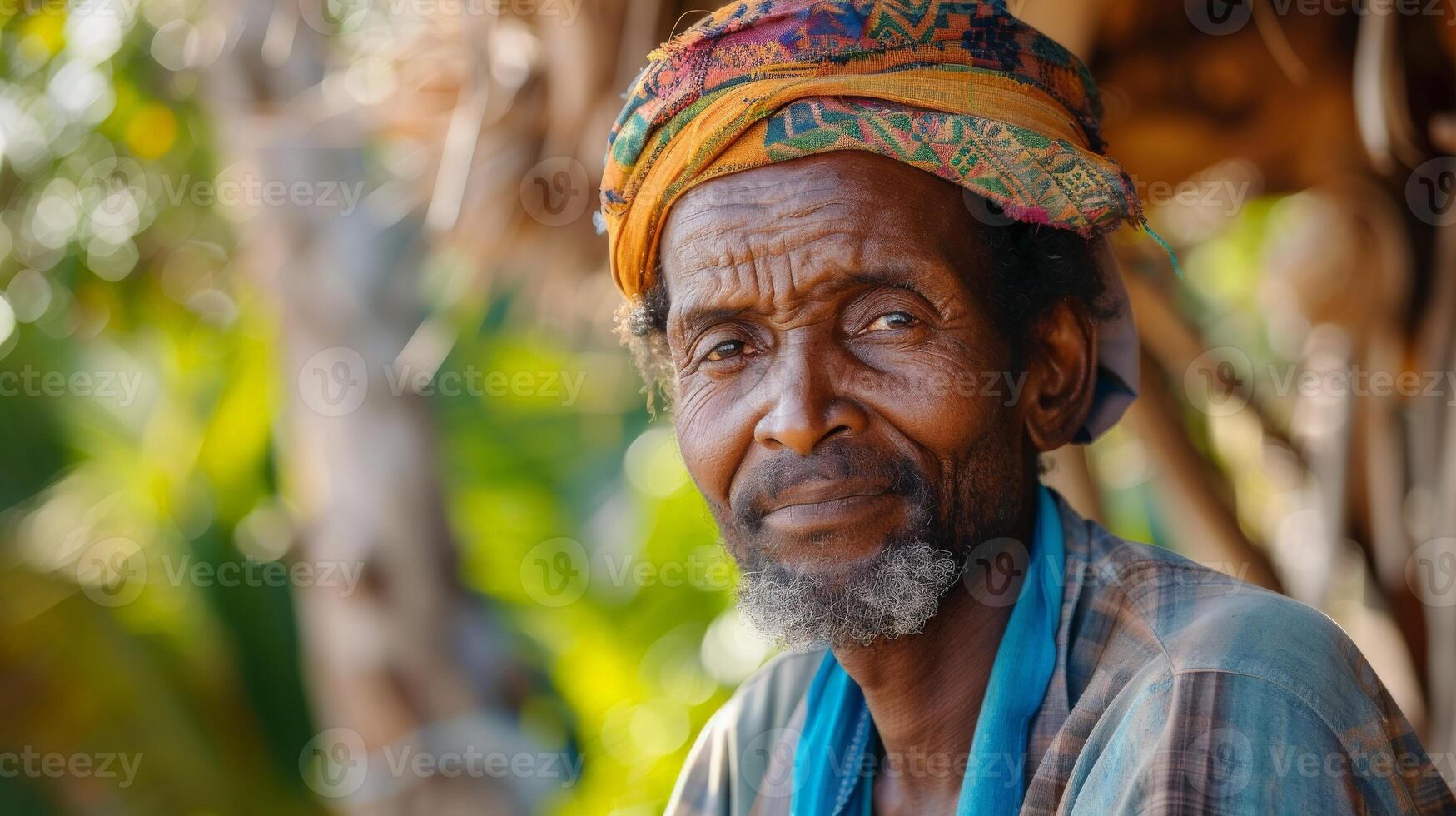 Village elder in colorful head covering gazes serenely at camera photo