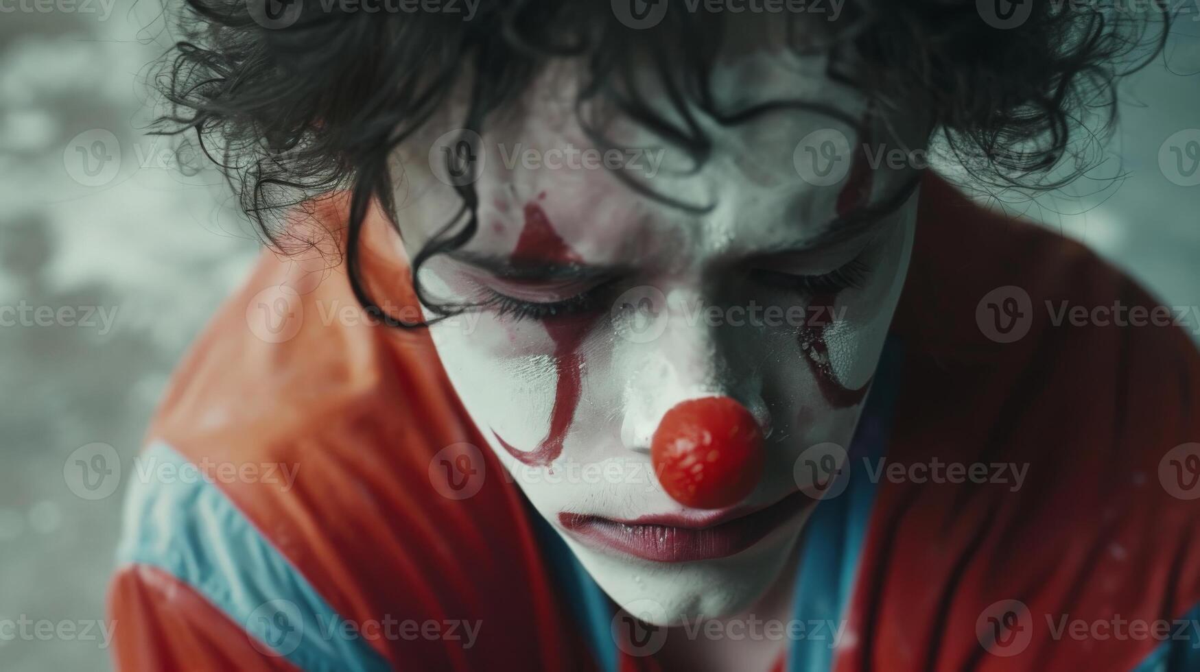 A close-up of a sad clown with tears running down his face photo