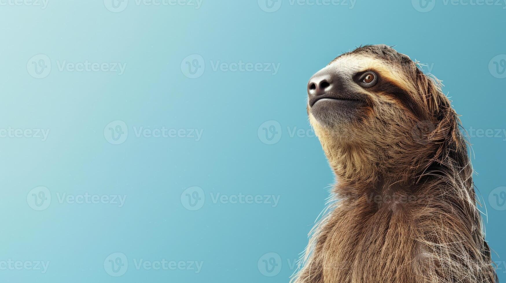 A close-up photo of a sloth looking up against a blue background
