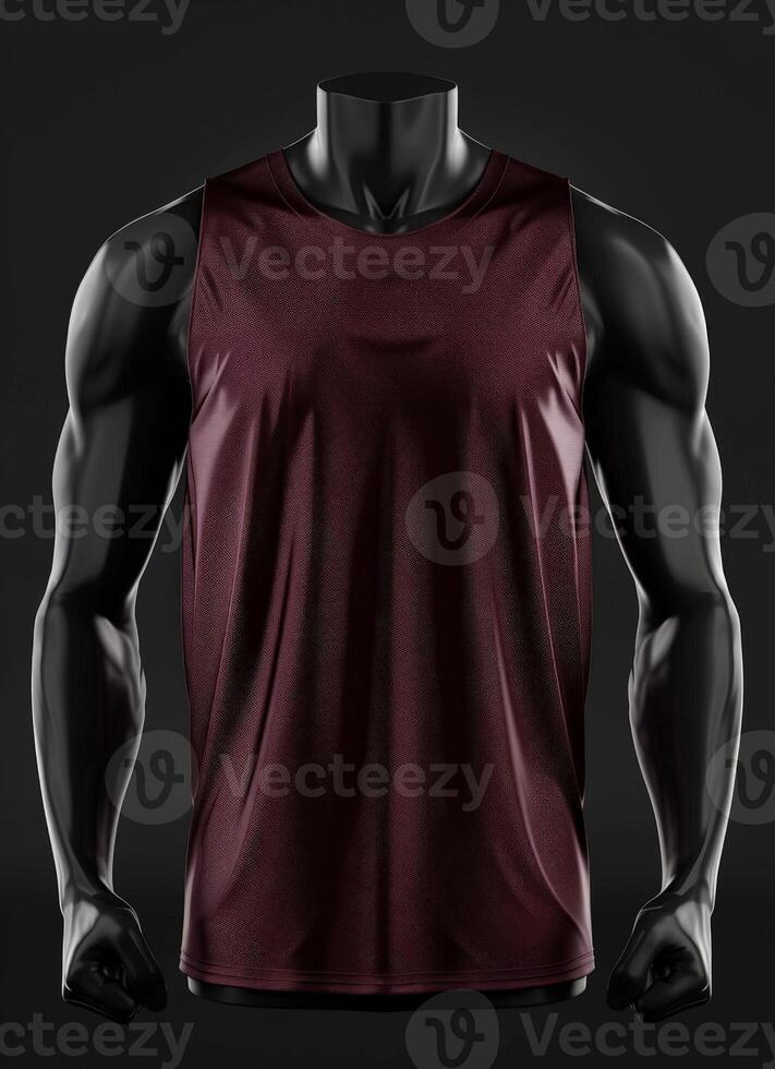 A maroon sleeveless basketball jersey mockup on a mannequin photo