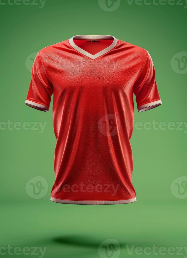 A red v-neck jersey mockup floating against a green background photo
