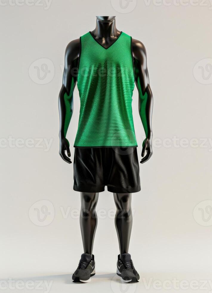 A black mannequin is wearing a green basketball jersey, black shorts, and athletic shoes photo